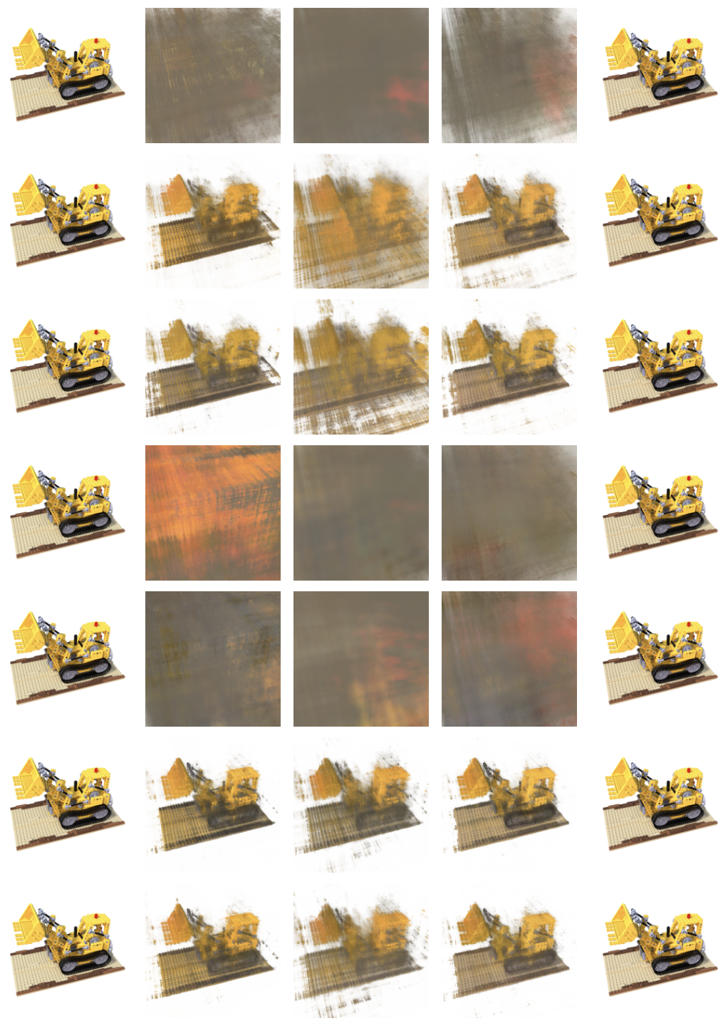 Rendered interpolations of the lego scene at several lambda values for all methods.
